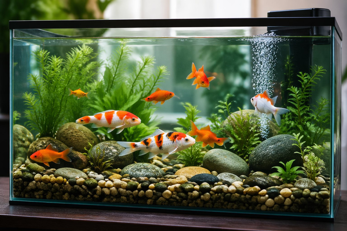 A clear fish tank with colorful cold water fish swimming among green plants and rocks.
