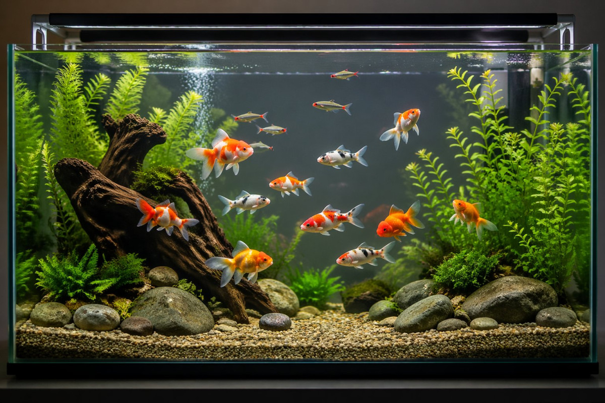 A clear fish tank with cold water fish swimming among rocks, plants, and driftwood.